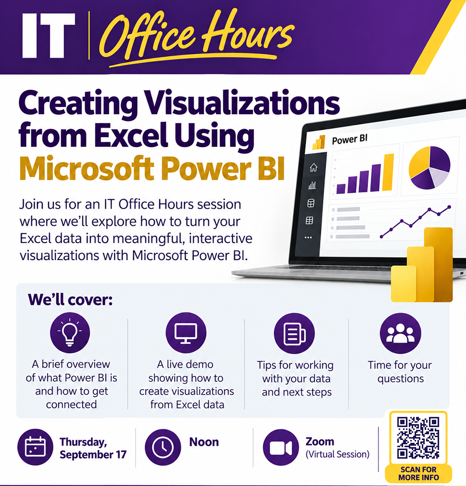 IT Office Hours Meeting Flyer 9/17 @ 12 PM via Zoom | Topic = Creating Visuals from Excel Data With PowerBI